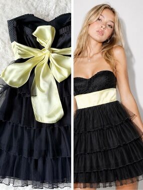 VTG Y2K 90s Ruby Rox Woman Black Polka Dot Sweetheart Bow Mesh Tier Dress S/XS